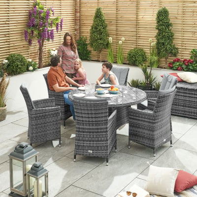 Sienna 6 Seat Rattan Dining Set - Round Ice Bucket Table in Grey Rattan