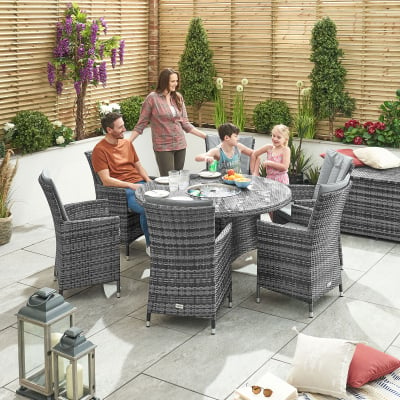 Sienna 6 Seat Rattan Dining Set - Round Ice Bucket Table in Grey Rattan