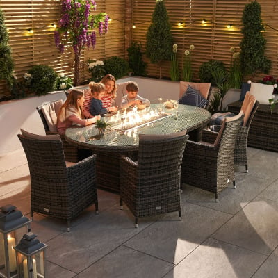 Sienna 8 Seat Rattan Dining Set - Oval Gas Fire Pit Table in Brown Rattan