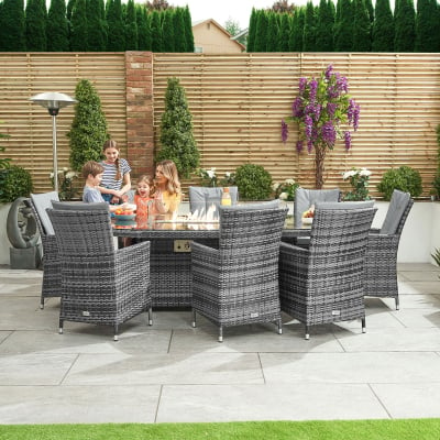 Sienna 8 Seat Rattan Dining Set - Oval Gas Fire Pit Table in Grey Rattan