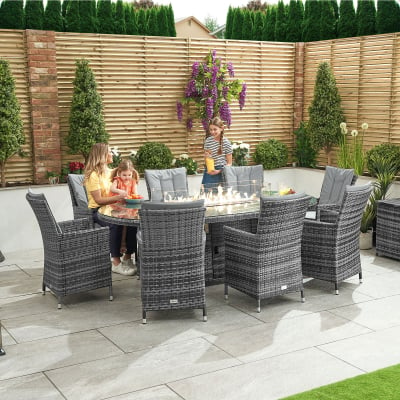 Sienna 8 Seat Rattan Dining Set - Oval Gas Fire Pit Table in Grey Rattan