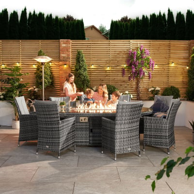 Sienna 8 Seat Rattan Dining Set - Oval Gas Fire Pit Table in Grey Rattan