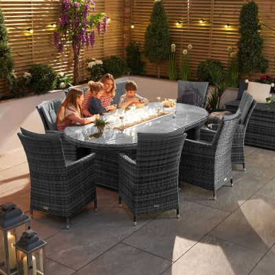 Sienna 8 Seat Rattan Dining Set - Oval Gas Fire Pit Table in Grey Rattan