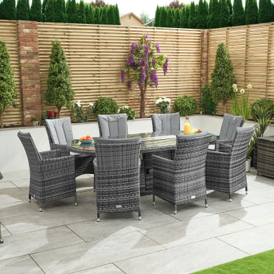 Sienna 8 Seat Rattan Dining Set - Oval Gas Fire Pit Table in Grey Rattan