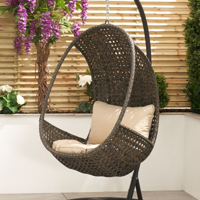 Rattan Single Suspended Lounging Egg Chair in Brown Rattan