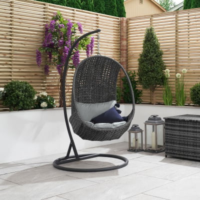 Rattan Single Suspended Lounging Egg Chair in Grey Rattan