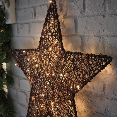 Small Rattan LED Star Hanging Decoration in Brown