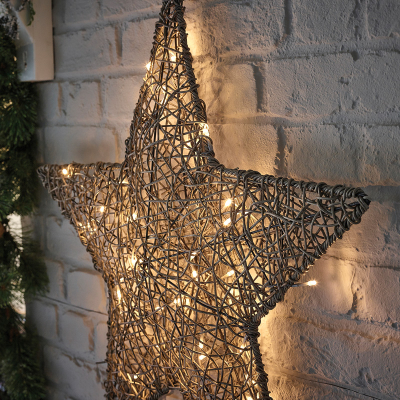 Large Rattan LED Star Hanging Decoration in Grey