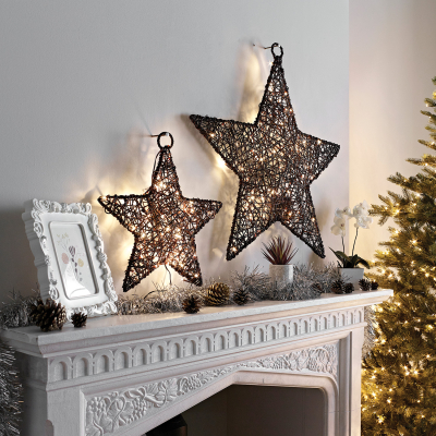 Small Rattan LED Star Hanging Decoration in Brown