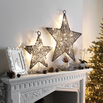 Small Rattan LED Star Hanging Decoration in Grey