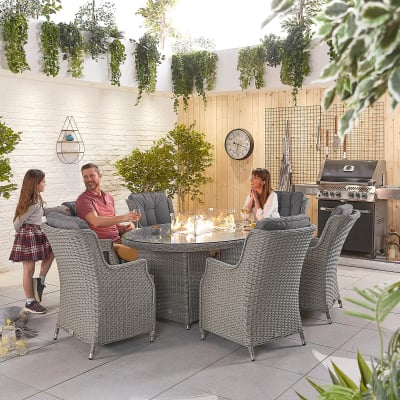 Thalia 6 Seat Rattan Dining Set - Oval Gas Fire Pit Table in White Wash