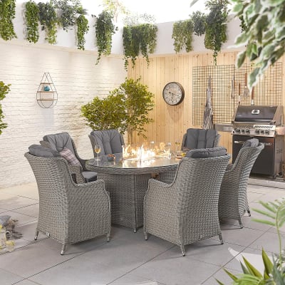 Thalia 6 Seat Rattan Dining Set - Oval Gas Fire Pit Table in White Wash