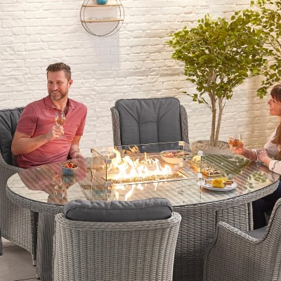 Thalia 6 Seat Rattan Dining Set - Oval Gas Fire Pit Table in White Wash