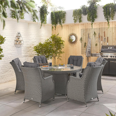 Thalia 6 Seat Rattan Dining Set - Round Gas Fire Pit Table in Slate Grey