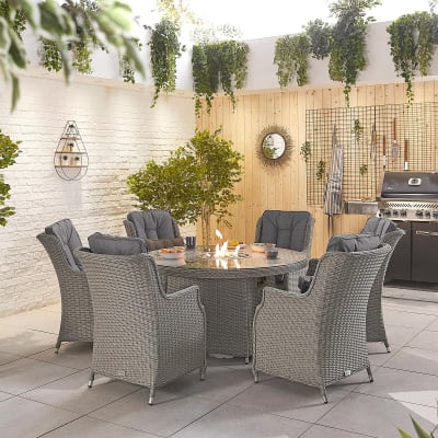 Thalia 6 Seat Rattan Dining Set - Round Gas Fire Pit Table in White Wash