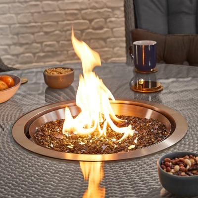 Thalia 6 Seat Rattan Dining Set - Round Gas Fire Pit Table in White Wash