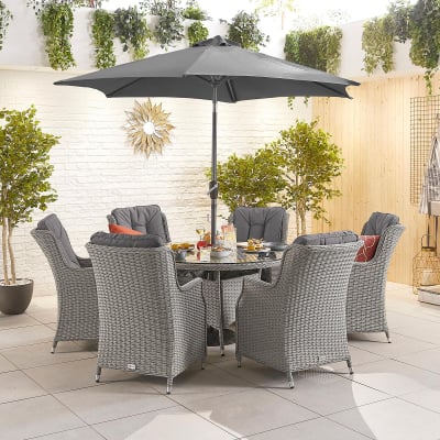 Thalia 6 Seat Rattan Dining Set - Round Table in White Wash