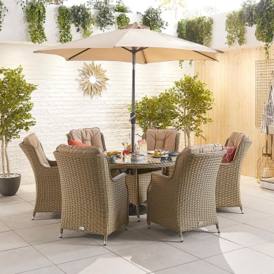 Thalia 6 Seat Rattan Dining Set - Round Table in Willow