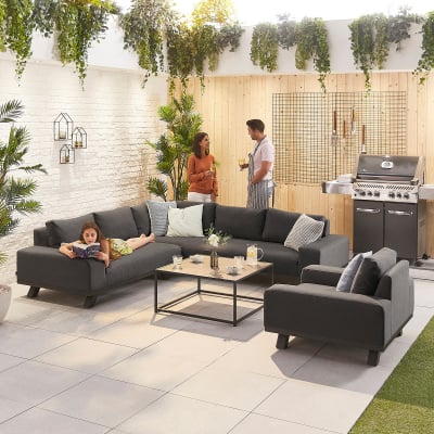 Tranquility All Weather Fabric Aluminium Corner Sofa Lounging Set with Square Coffee Table & 1 Armchair in Charcoal Grey