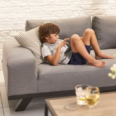 Tranquility All Weather Fabric Aluminium Corner Sofa Lounging Set with Square Coffee Table & 1 Armchair in Ash Grey