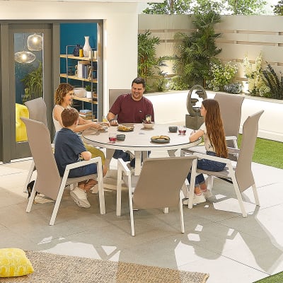 Venice 6 Seat Aluminium Dining Set - Round Table in Chalk White