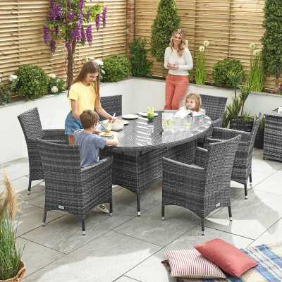 Amelia 6 Seat Rattan Dining Set - Oval Table in Grey Rattan