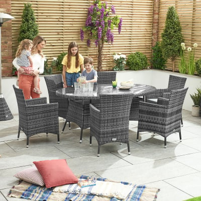 Amelia 6 Seat Rattan Dining Set - Oval Table in Grey Rattan