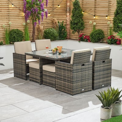 Celia 4 Seat Rattan Cube Dining Set with 4 Stools - Square Table in Brown Rattan