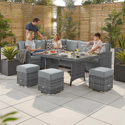 Cambridge L-Shaped Corner Rattan Lounge Dining Set with 3 Stools - Left Handed Table in Grey Rattan