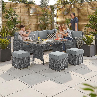 Cambridge L-Shaped Corner Rattan Lounge Dining Set with 3 Stools - Right Handed Table in Grey Rattan