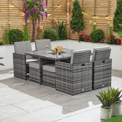 Celia 4 Seat Rattan Cube Dining Set with 4 Stools - Square Table in Grey Rattan