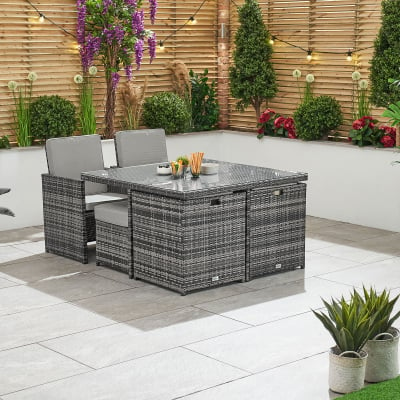 Celia 4 Seat Rattan Cube Dining Set with 4 Stools - Square Table in Grey Rattan