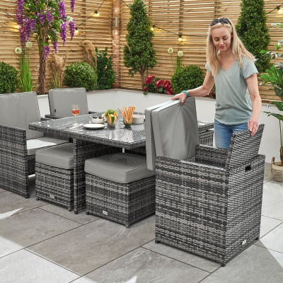 Celia 4 Seat Rattan Cube Dining Set with 4 Stools - Square Table in Grey Rattan