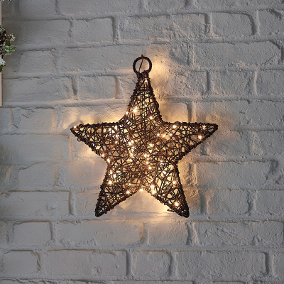 Small Rattan LED Star Hanging Decoration in Brown