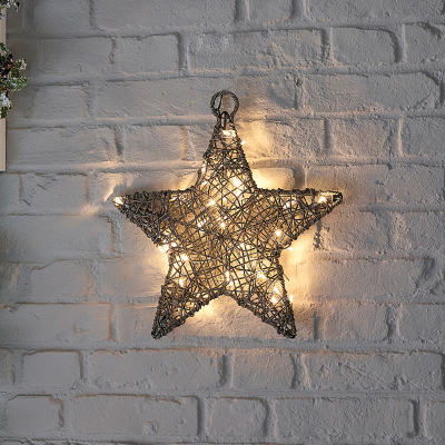 Small Rattan LED Star Hanging Decoration in Grey