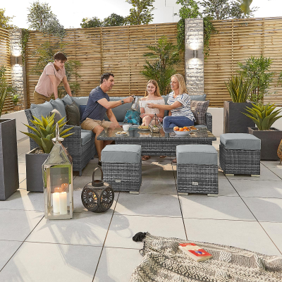 Cambridge L-Shaped Corner Rattan Lounge Dining Set with 3 Stools - Left Handed Rising Table in Grey Rattan