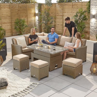 Ciara L-Shaped Corner Rattan Lounge Dining Set with 3 Stools - Left Handed Rising Table in Willow