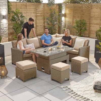 Ciara L-Shaped Corner Rattan Lounge Dining Set with 3 Stools - Right Handed Rising Table in Willow