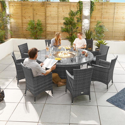 Amelia 8 Seat Rattan Dining Set - Round Gas Fire Pit Table in Grey Rattan