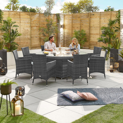 Amelia 8 Seat Rattan Dining Set - Round Gas Fire Pit Table in Grey Rattan