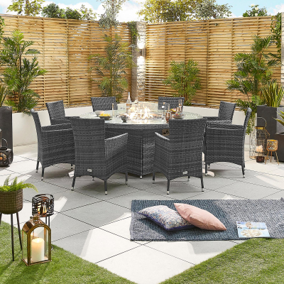 Amelia 8 Seat Rattan Dining Set - Round Gas Fire Pit Table in Grey Rattan