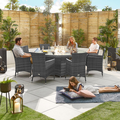 Amelia 8 Seat Rattan Dining Set - Round Gas Fire Pit Table in Grey Rattan