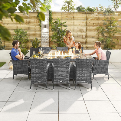 Amelia 8 Seat Rattan Dining Set - Rectangular Gas Fire Pit Table in Grey Rattan