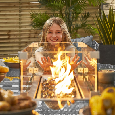 Amelia 8 Seat Rattan Dining Set - Rectangular Gas Fire Pit Table in Grey Rattan