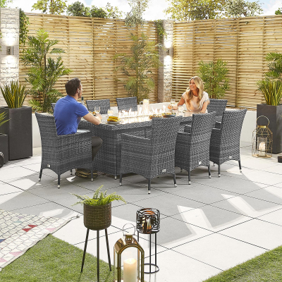 Amelia 8 Seat Rattan Dining Set - Rectangular Gas Fire Pit Table in Grey Rattan