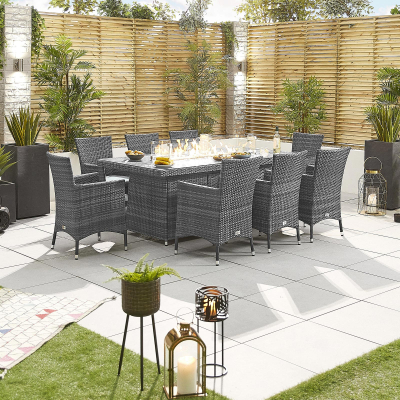 Amelia 8 Seat Rattan Dining Set - Rectangular Gas Fire Pit Table in Grey Rattan