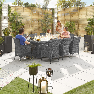 Amelia 8 Seat Rattan Dining Set - Rectangular Gas Fire Pit Table in Grey Rattan