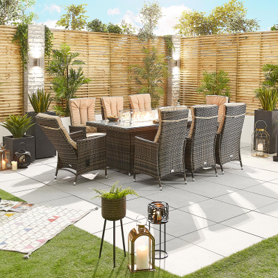 Ruxley 8 Seat Rattan Dining Set - Rectangular Gas Fire Pit Table in Brown Rattan