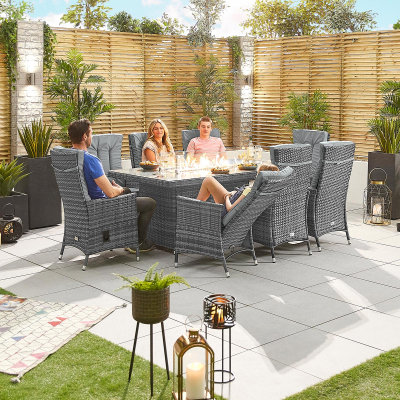 Ruxley 8 Seat Rattan Dining Set - Rectangular Gas Fire Pit Table in Grey Rattan