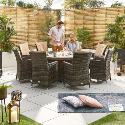 Sienna 8 Seat Rattan Dining Set - Round Gas Fire Pit Table in Brown Rattan